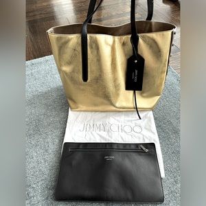 Authentic Jimmy Choo 2 toned metallic leather bag, pouch, & dust bag